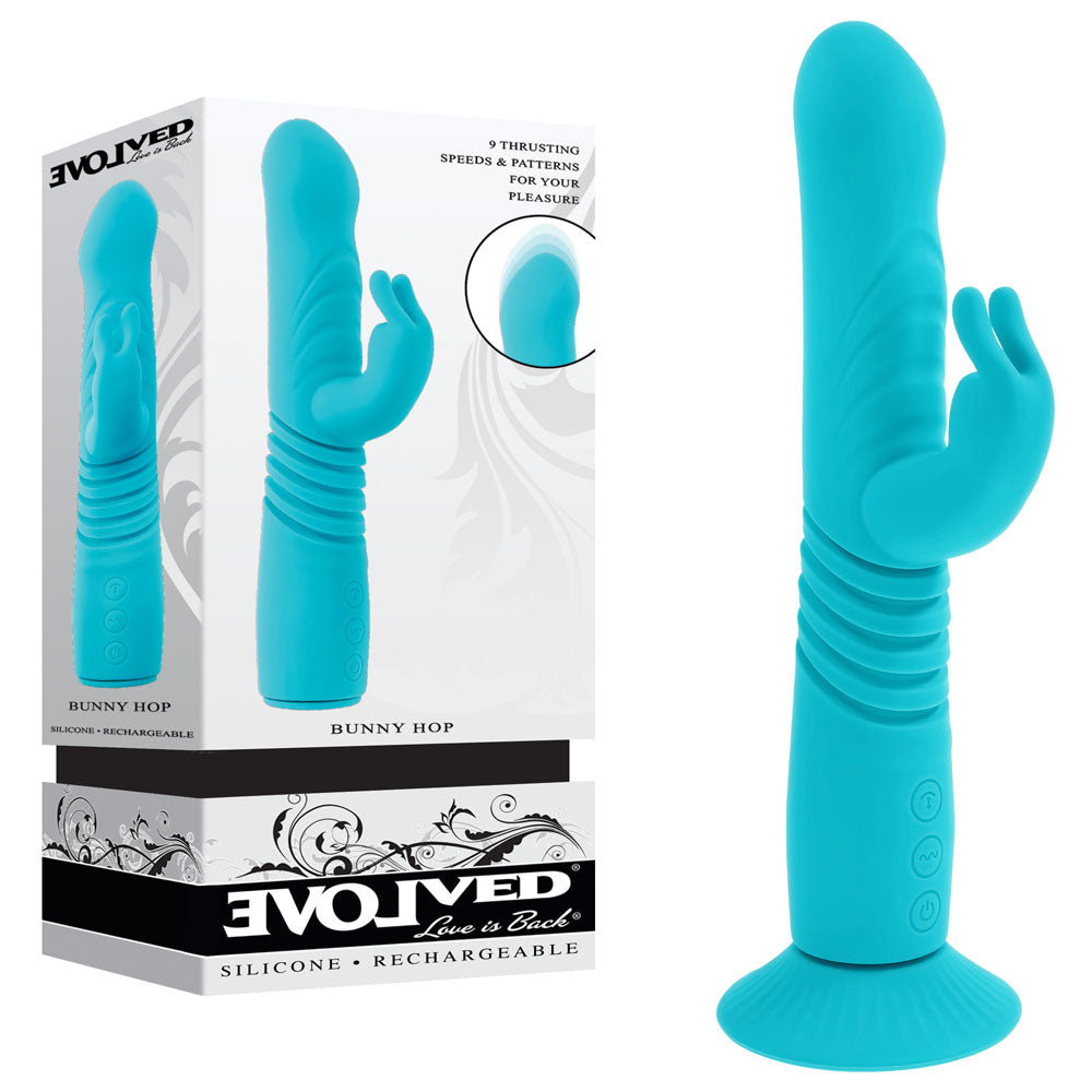 Evolved BUNNY HOP Teal 25.1 cm Rechargeable Thrusting Rabbit Vibrator Teal VIBRATORS-RABBIT