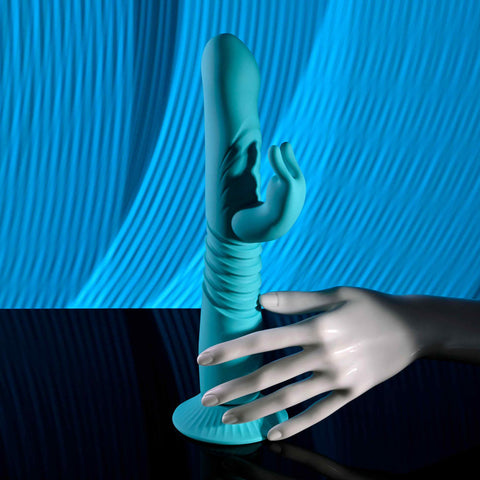 Evolved BUNNY HOP Teal 25.1 cm Rechargeable Thrusting Rabbit Vibrator VIBRATORS-RABBIT