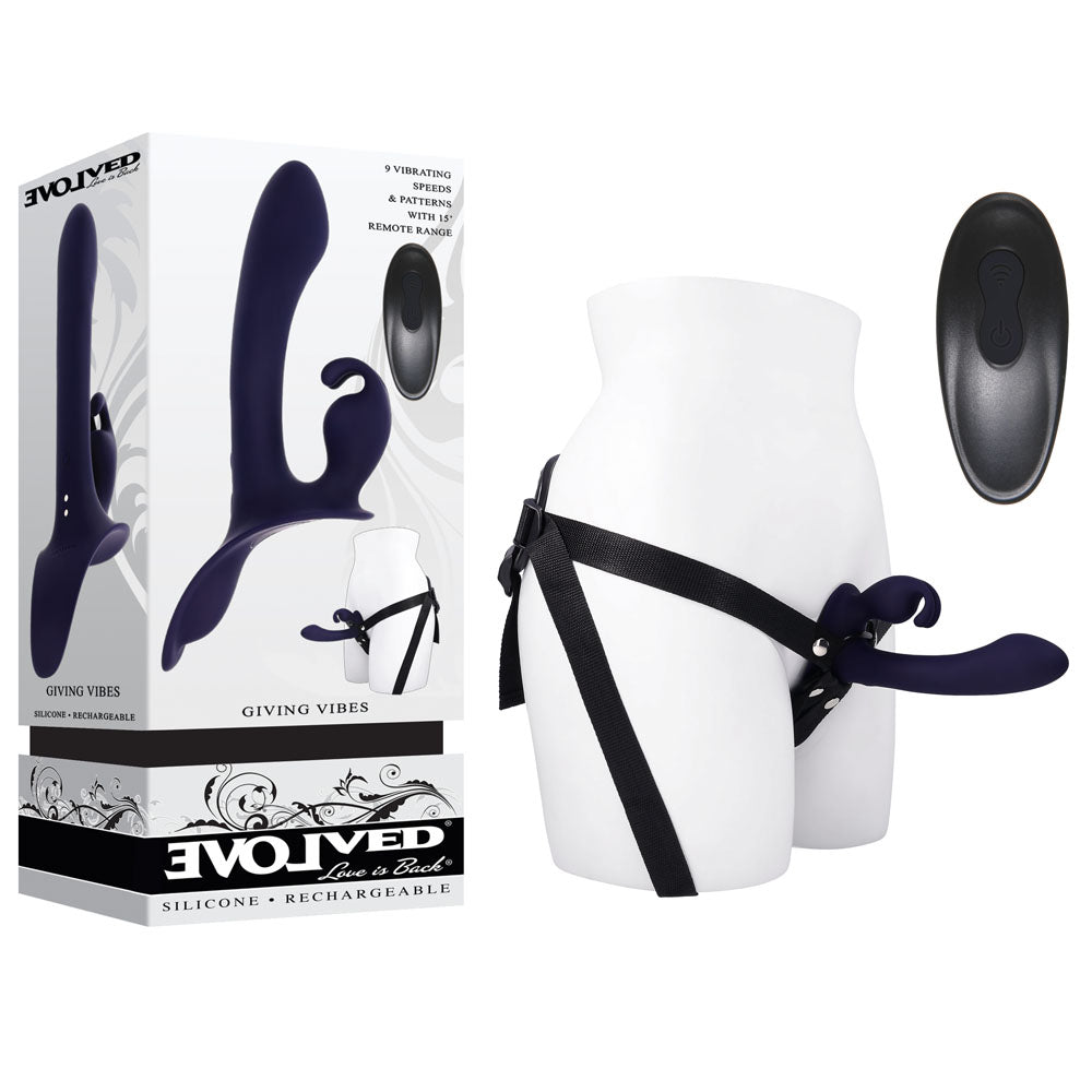 Evolved GIVING VIBES 14.6 cm USB Rechargeable Vibrating Strap-On Black STRAP-ONS