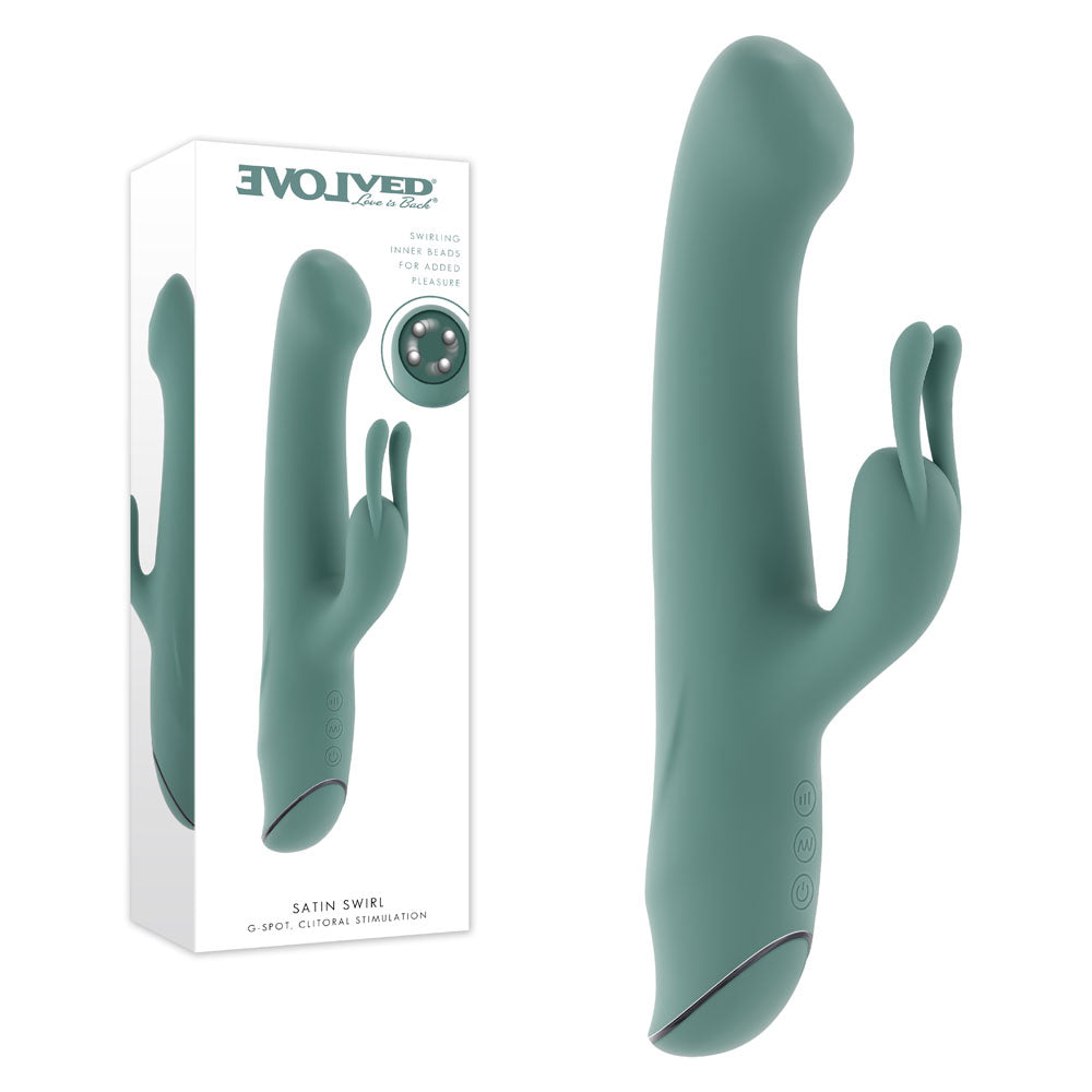 Evolved SATIN SWIRL - 23 cm USB Rechargeable Rabbit Vibrator with Swirling Head Green > Vibrators > Ladies > Rabbit