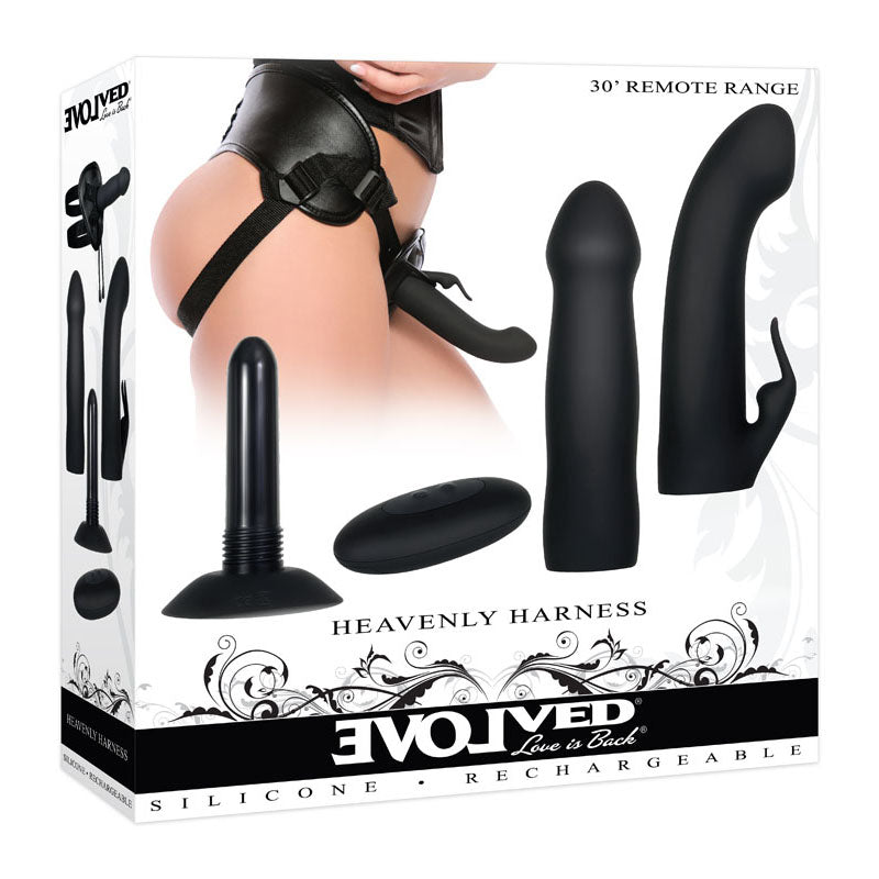 Evolved Heavenly Harness USB Rechargeable Strap On Kit Black VIBRATORS-RABBIT