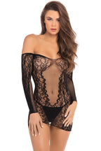 Demure Long Sleeve Mini Dress with Lace Detailing Black S M > Clothes > Dresses and Chemises