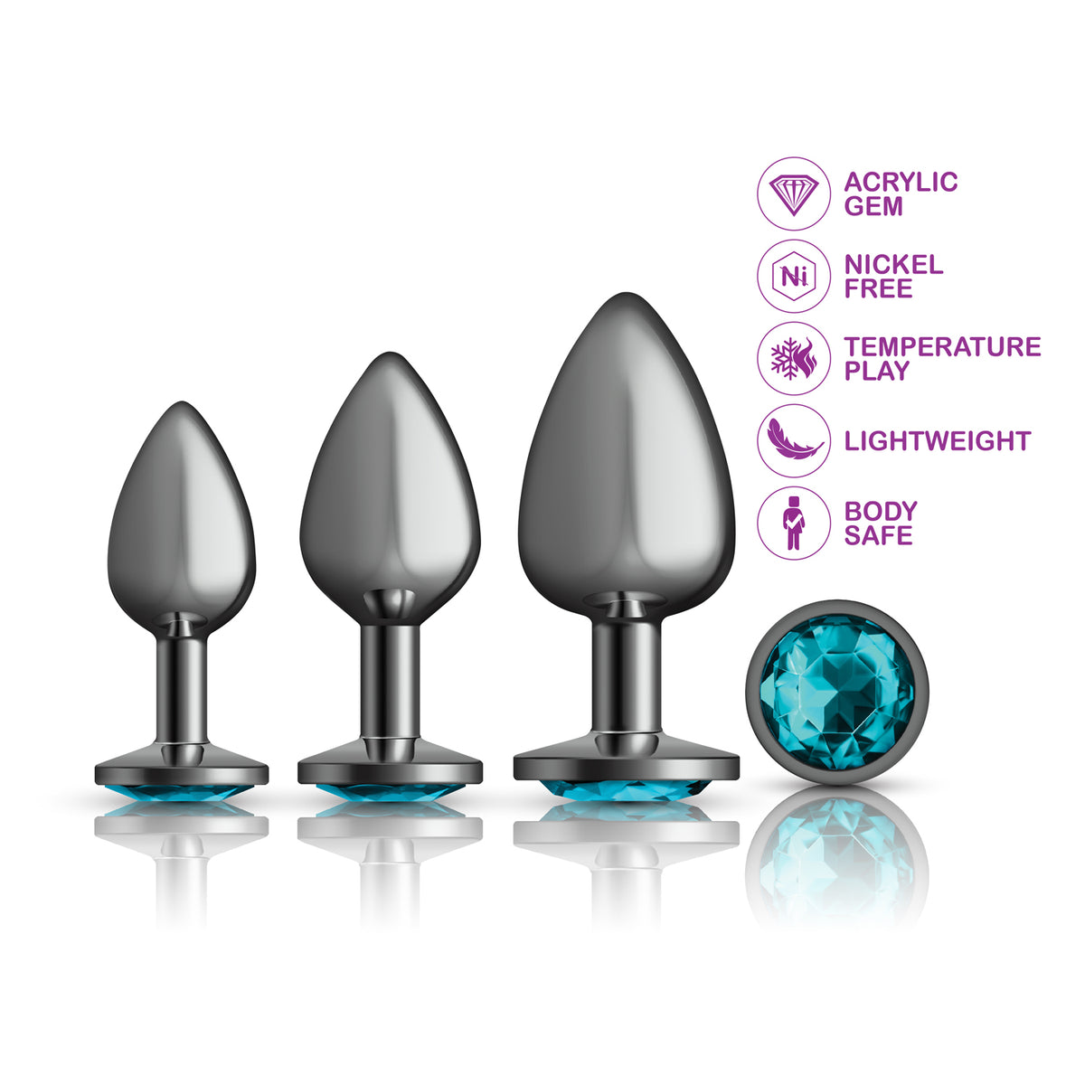 Cheeky Charms Round Metal Butt Plug Gunmetal Three Piece Kit with Teal Jewel > Anal Range > Butt Plug Kits