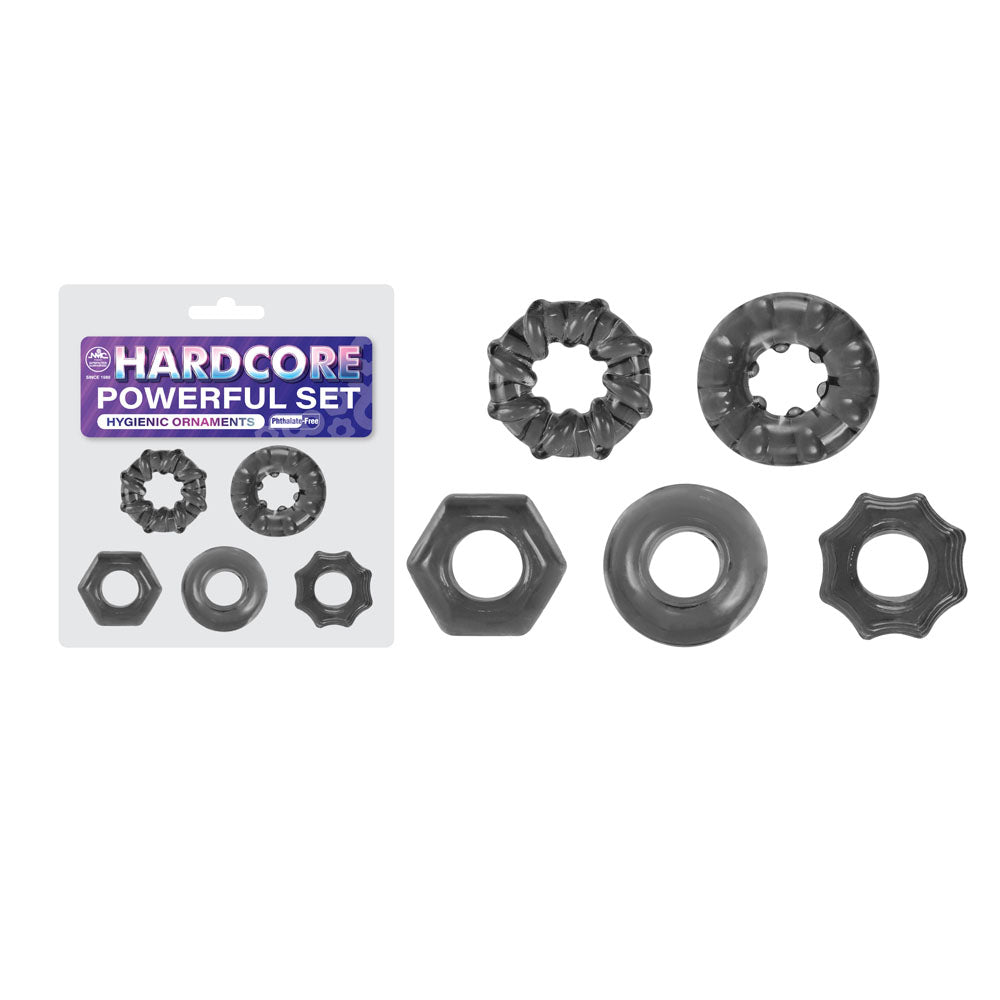Hardcore Powerful Cock Ring Set of 5 in Smoke Color Clear COCK RING Set