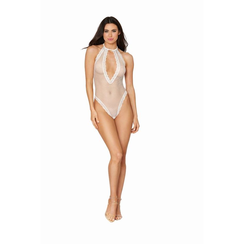 Fishnet Halter Teddy with Stretch Lace Edge Trims in White Teddies