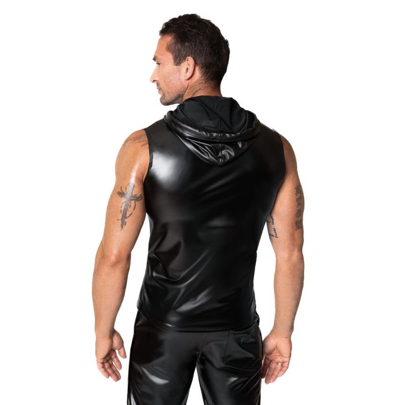 Noir Frenzy Sleeveless Wetlook Hoodie – Edgy Shine Sleeveless Activewear Top > Clothes > Mens Apparel
