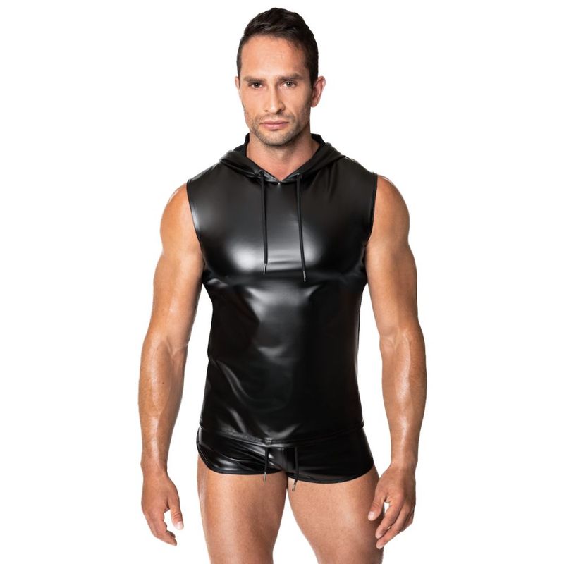 Noir Frenzy Sleeveless Wetlook Hoodie – Edgy Shine Sleeveless Activewear Top > Clothes > Mens Apparel