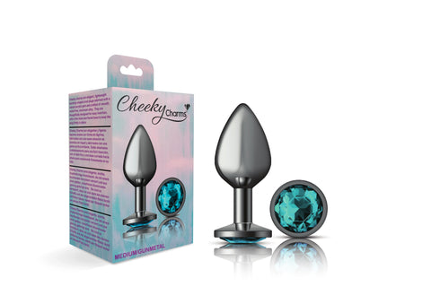 Cheeky Charms Gunmetal Round Butt Plug with Teal Jewel Medium Default Title > Anal Range > Jewel Butt Plugs