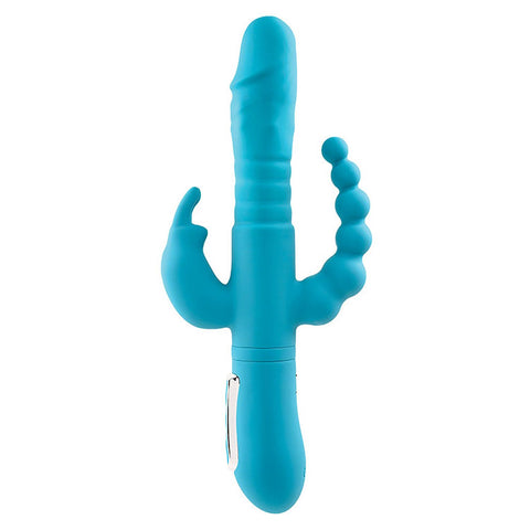 Adam & Eve Thrusting Triple Joy Rabbit (Teal) – USB Rechargeable Rabbit Vibrator with Anal Probe 25.4 cm VIBRATORS-RABBIT-MULTI