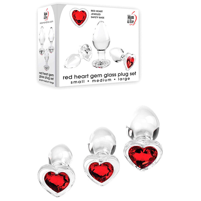 Adam & Eve Red Heart Gem Glass Plug Set – Set of 3 Sizes Glass Butt Plugs Clear > Anal Range > Butt Plug Kits