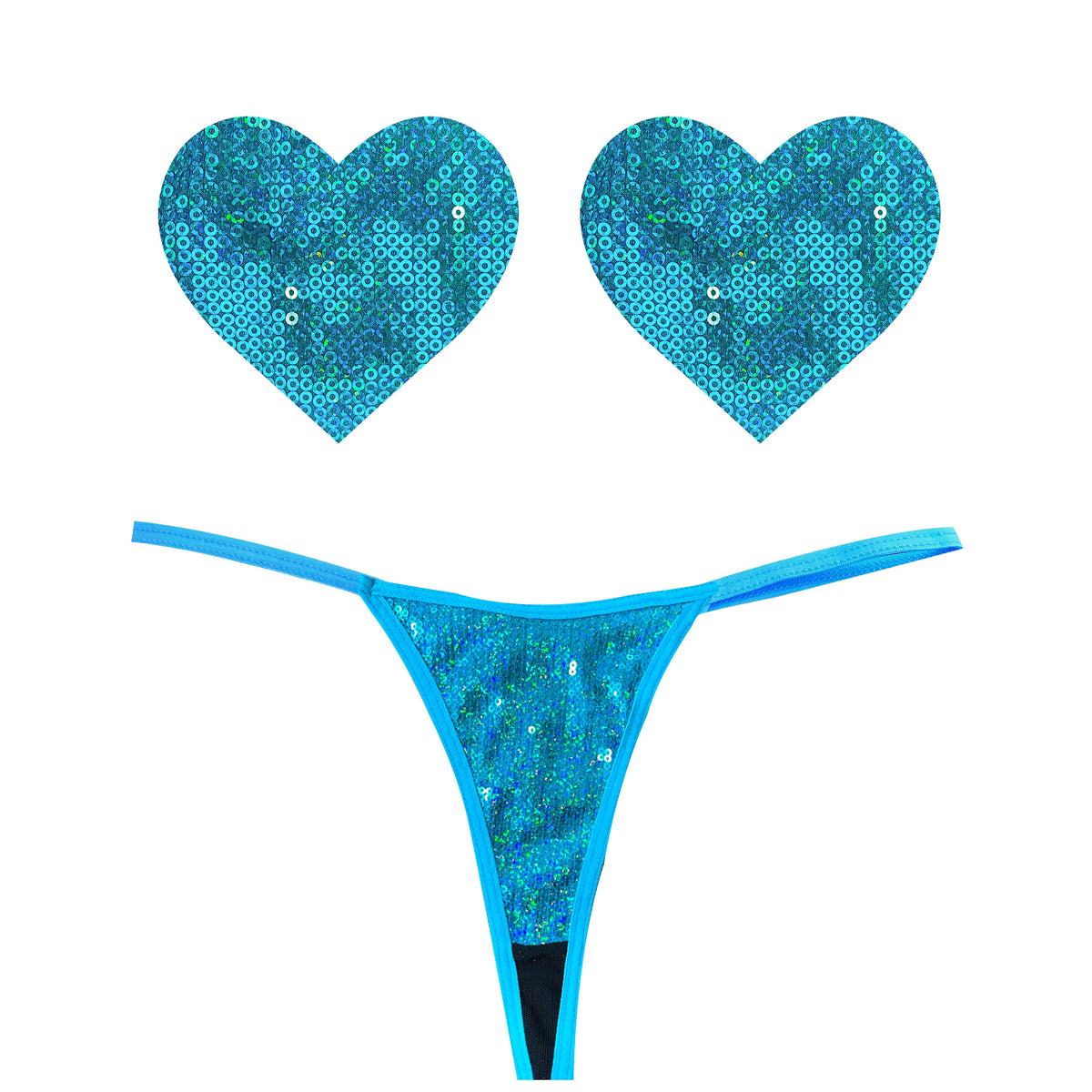 Mahi Mahi Blue Sequin G-String and Heart Pastie Set > Clothes > Pasties