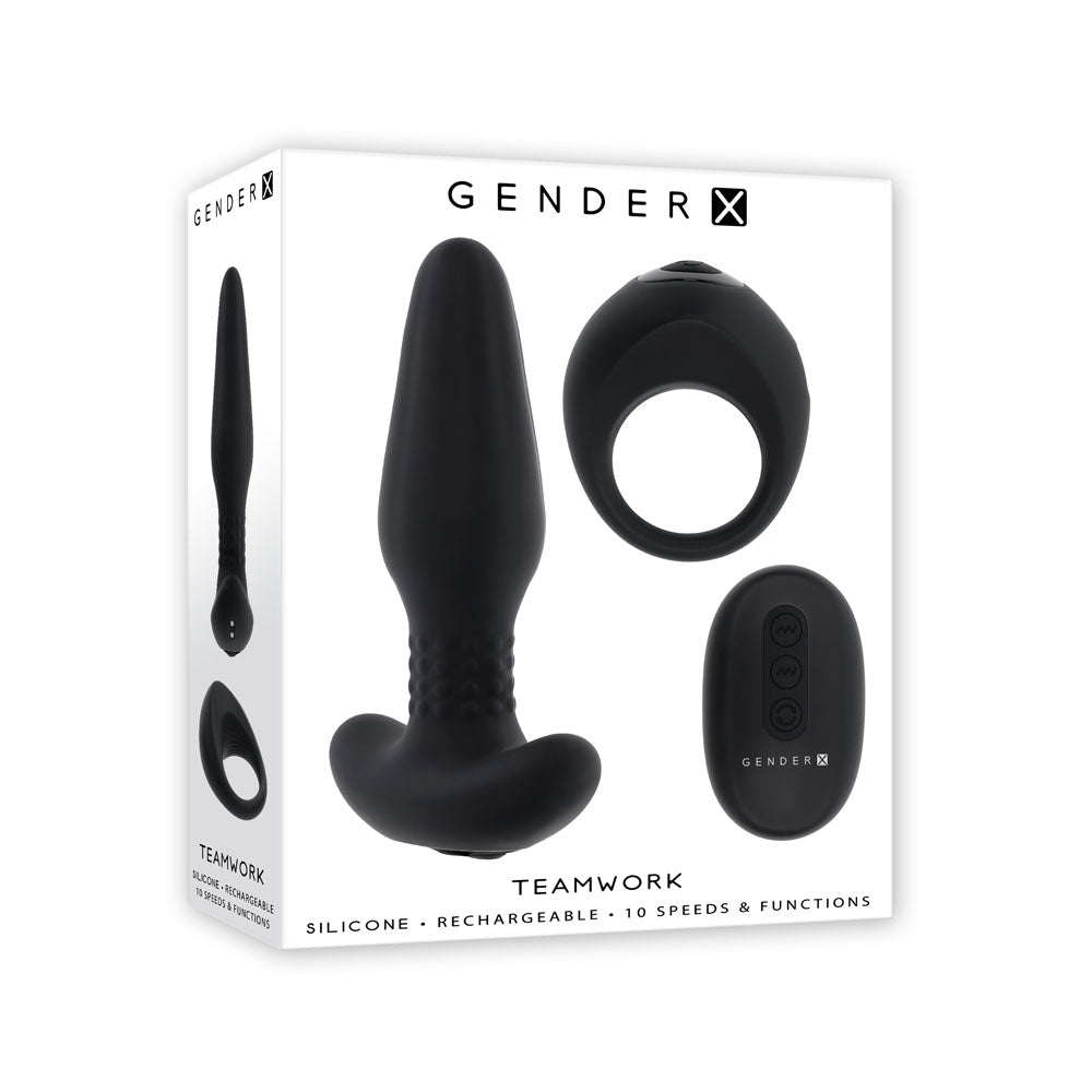 Gender X Teamwork (Black) – Remote-Controlled Vibrating Plug and Ring Set Black > Anal Range > Vibrating Butt Plugs