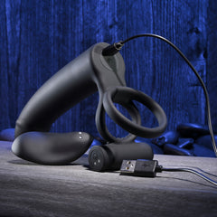 Gender X Full Swing USB Rechargeable Vibrating Cock Ring with Double Penetrator Dildo in Black COCK RINGS