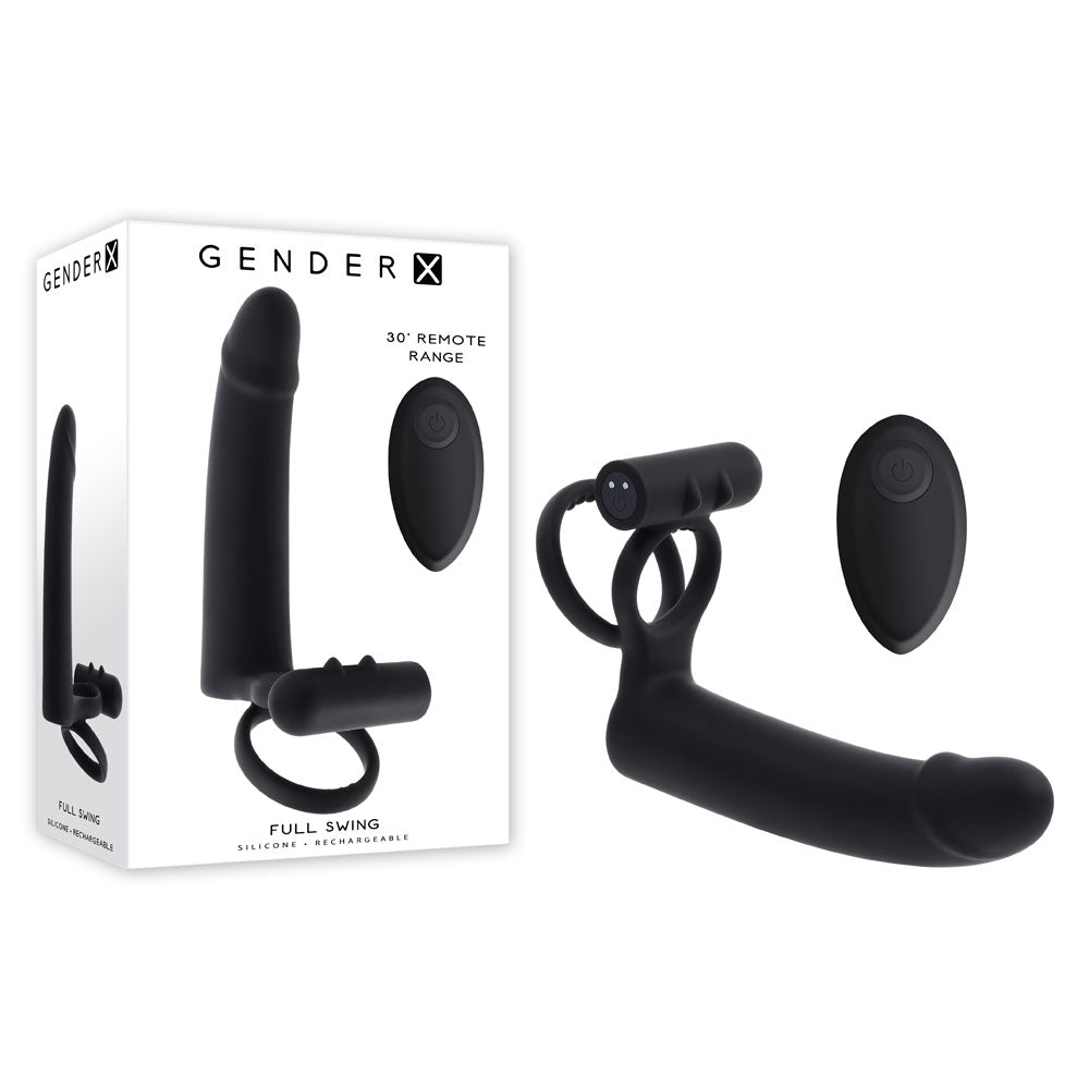 Gender X Full Swing USB Rechargeable Vibrating Cock Ring with Double Penetrator Dildo Black Black COCK RINGS