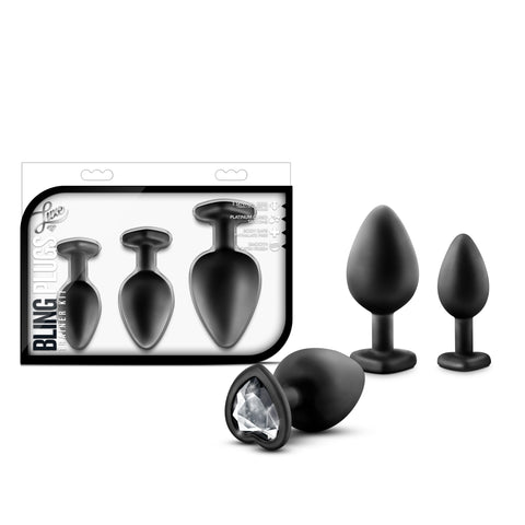 Luxe Bling Plugs Training Kit Black With Clear Gems - 3 Sizes > Anal Range > Butt Plug Kits