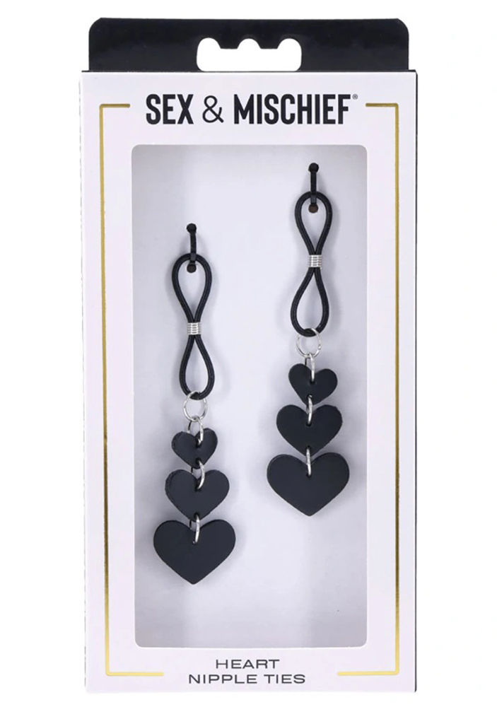 Heart Nipple Ties Black Faux Leather Sensual Adult Accessory Nipple Clamps