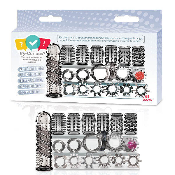 Try-Curious Cock Ring and Sleeve Set Clear – 15 Piece TPR Cock Ring and Sleeve Kit > Cock Ring > Sets