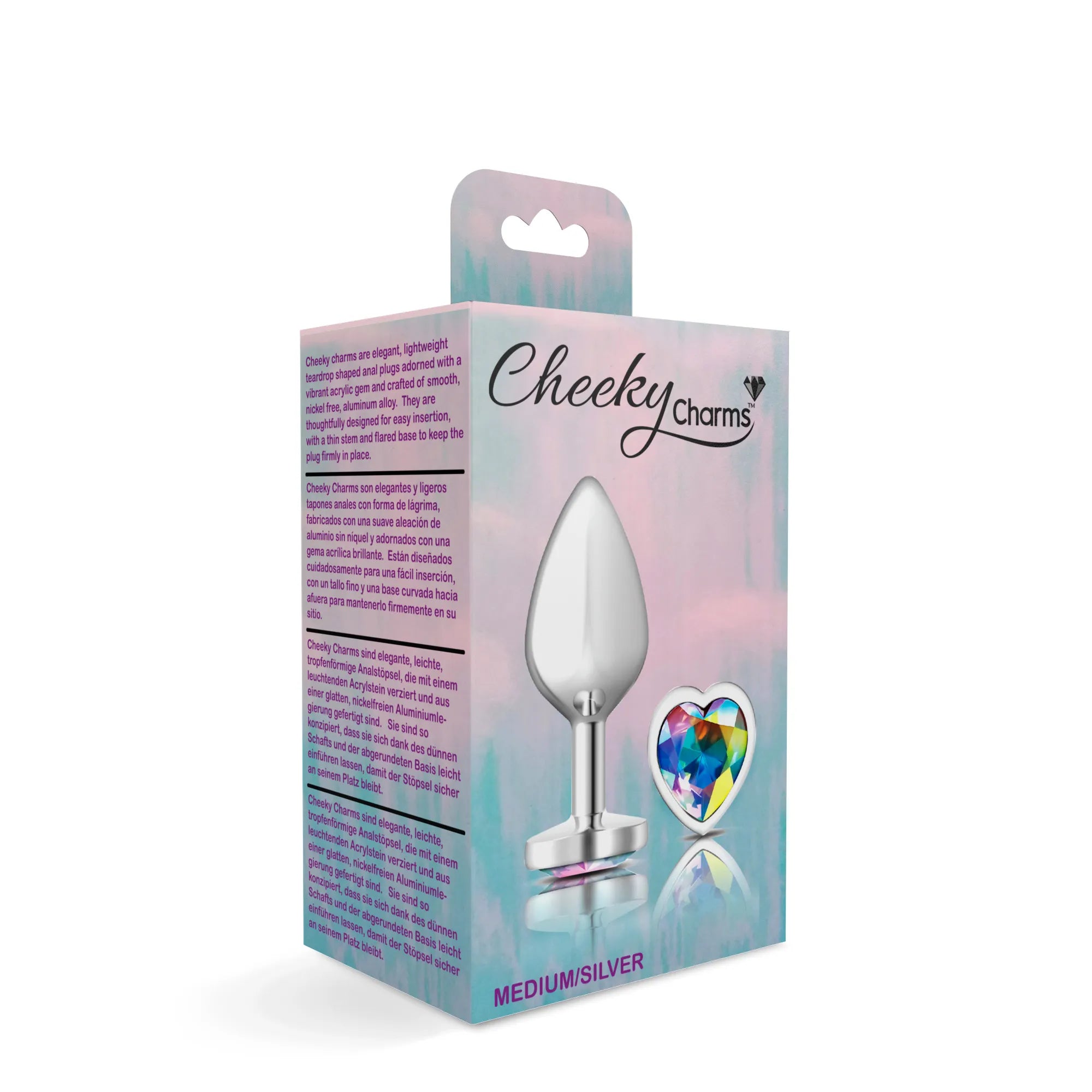 Cheeky Charms Silver Metal Butt Plug with Heart Clear Jewel Medium > Anal Range > Jewel Butt Plugs