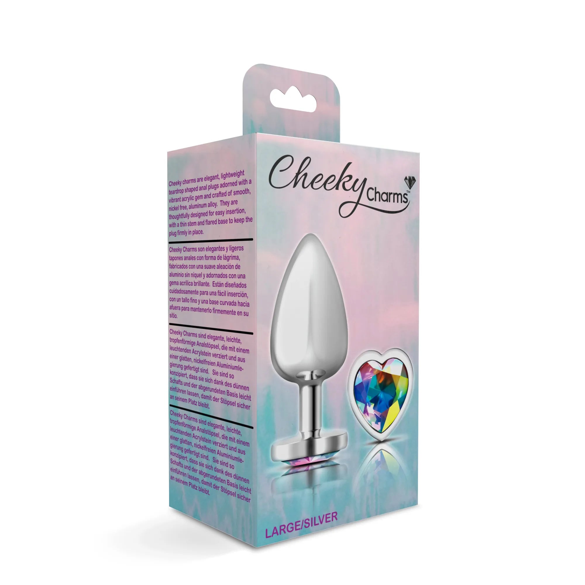 Cheeky Charms Silver Metal Butt Plug with Heart Clear Jewel Large > Anal Range > Jewel Butt Plugs