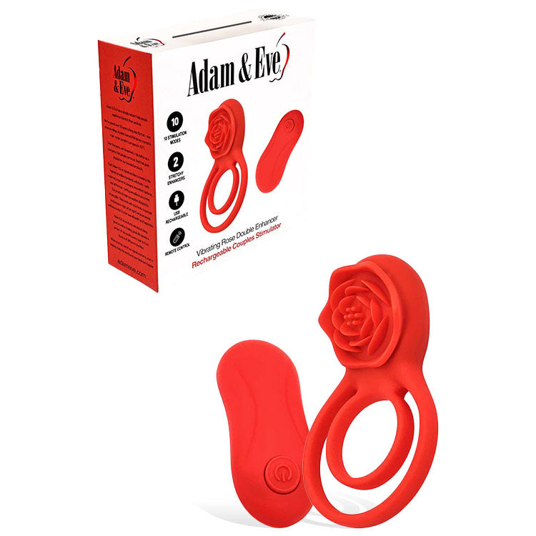 Adam & Eve Vibrating Rose Double Enhancer – USB Rechargeable Remote-Controlled Cock Ring Red > Cock Ring > Vibrating