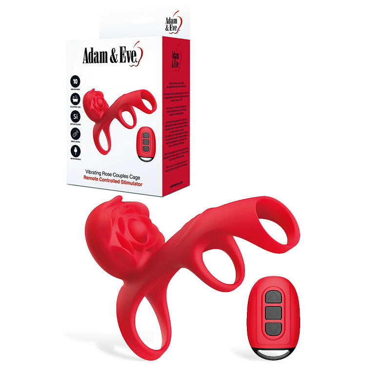 Adam & Eve Vibrating Rose Couples Cage – USB Rechargeable Penis Cage with Remote Red > Sex Toys > Couples Toys Main image