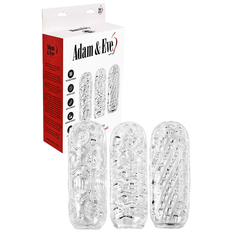 Adam & Eve Crystal Trio – 3 Pack Textured Strokers Clear > Sex Toys For Men > Masturbators Cup Main image