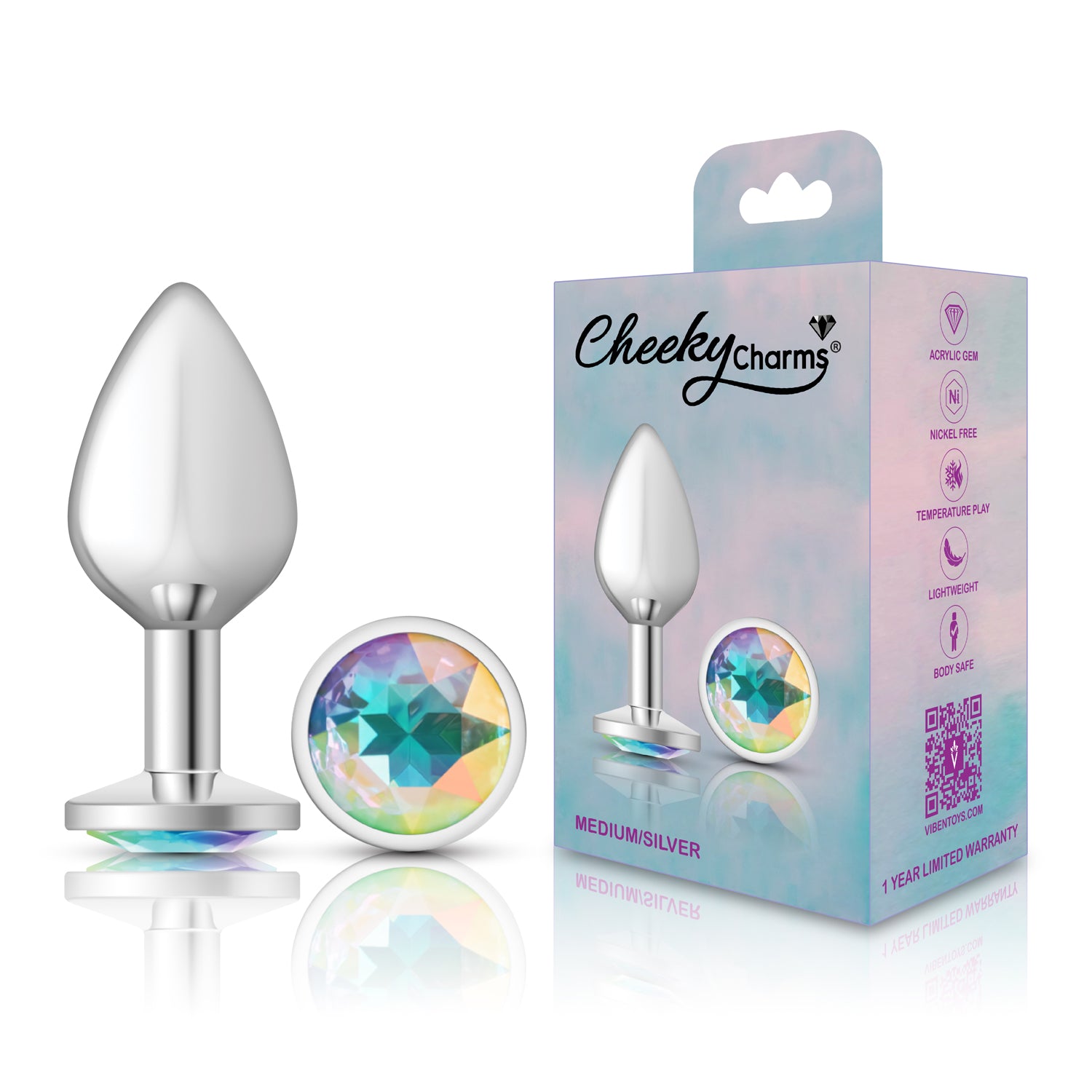 Cheeky Charms Silver Round Butt Plug with Clear Iridescent Jewel Medium > Anal Range > Jewel Butt Plugs