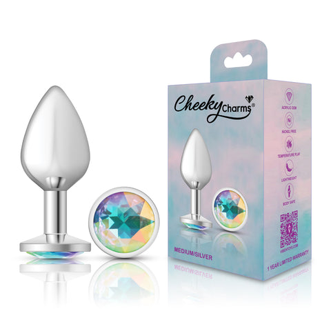 Cheeky Charms Silver Round Butt Plug with Clear Iridescent Jewel Medium > Anal Range > Jewel Butt Plugs