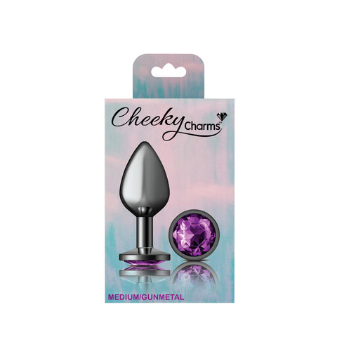Cheeky Charms Gunmetal Round Butt Plug with Purple Jewel Medium > Anal Range > Jewel Butt Plugs