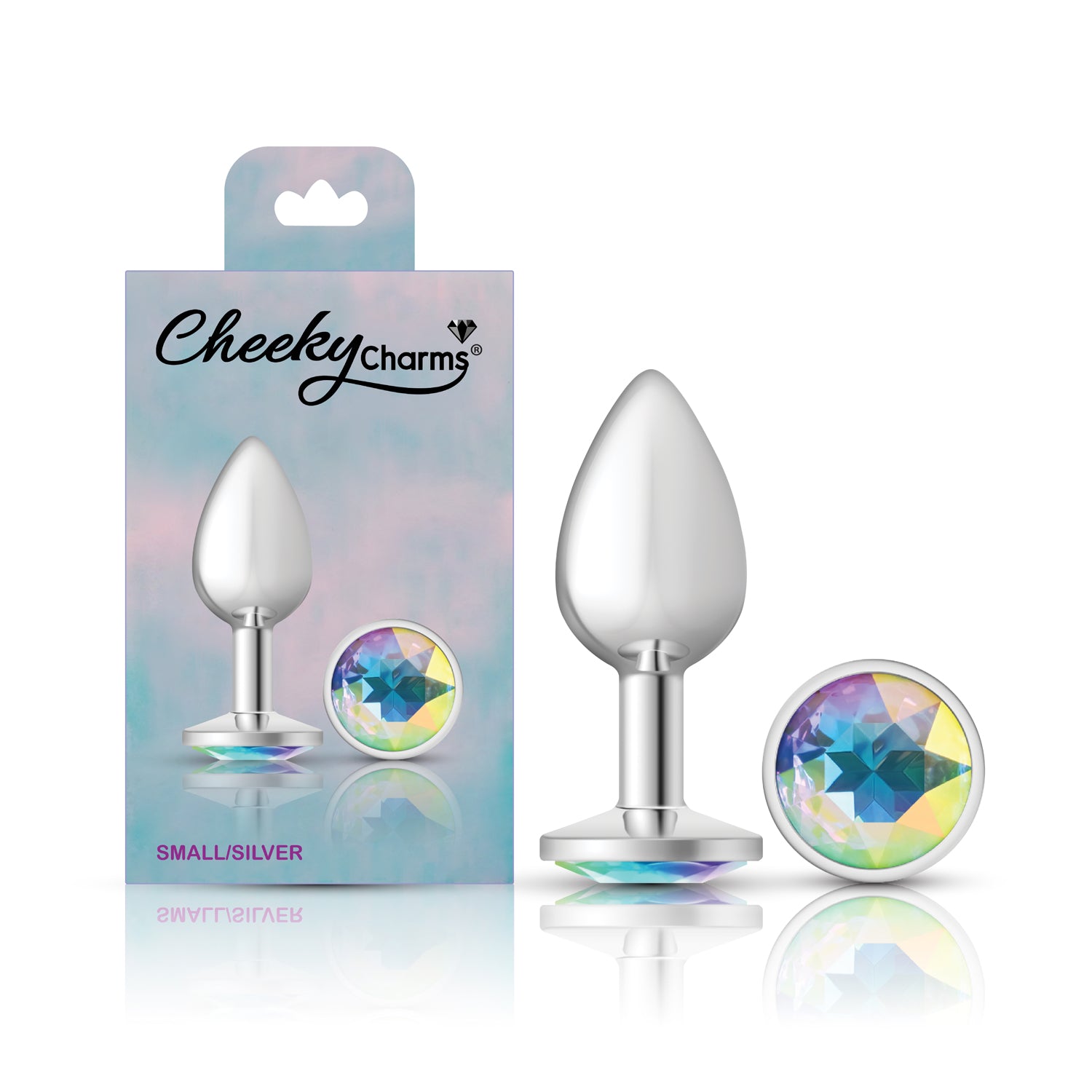 Cheeky Charms Silver Round Butt Plug with Clear Iridescent Jewel Small > Anal Range > Jewel Butt Plugs