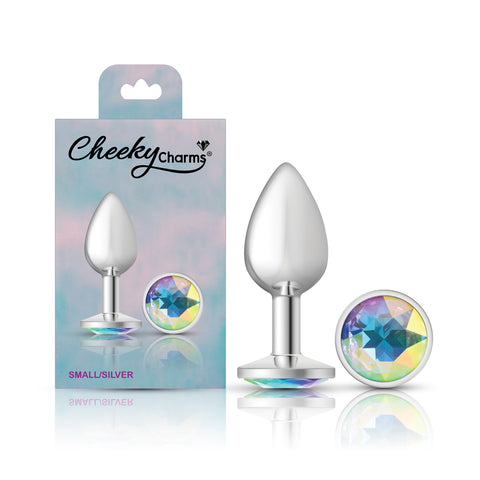 Cheeky Charms Silver Round Butt Plug with Clear Iridescent Jewel Small > Anal Range > Jewel Butt Plugs
