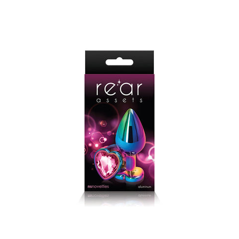 Rear Assets Multi Medium Metal Butt Plug with Pink Heart Gem Base > Anal Range > Jewel Butt Plugs