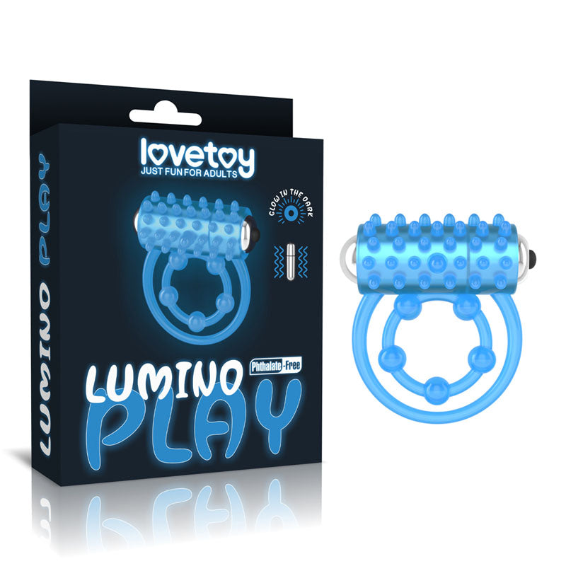 Lumino Play Vibrating Penis and Balls Ring Glow in the Dark Cock Ring Blue COCK RINGS