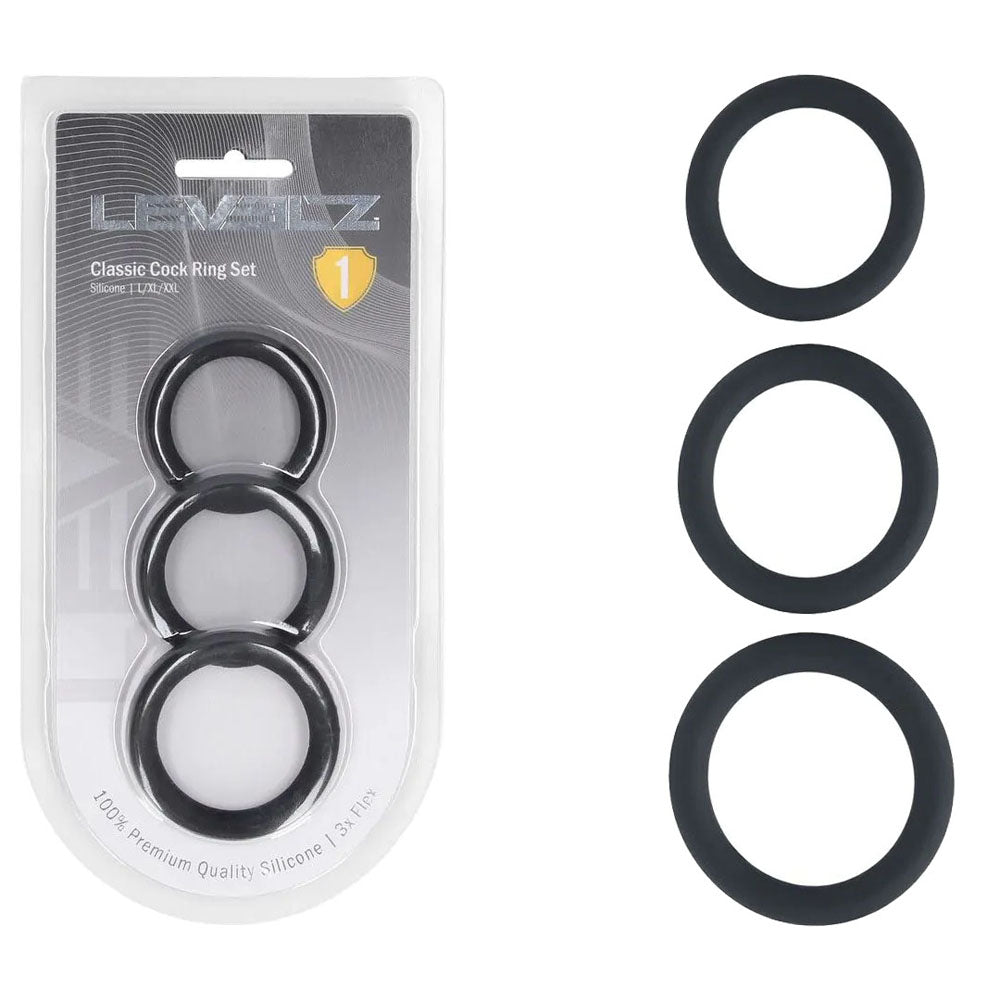 Levelz Classic Silicone Cock Ring Set Large Extra Large XXL – Body-Safe Silicone Cock Rings Set of 3 Sizes Black > Cock Ring > Sets