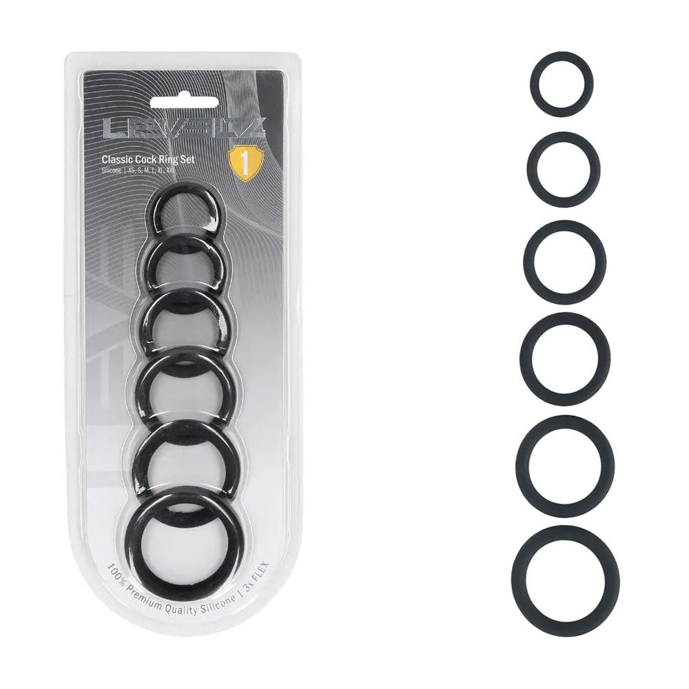 Levelz Classic Silicone Cock Ring Set (6 Sizes) – Body-Safe Silicone Cock Rings Set Black > Cock Ring > Sets Main image