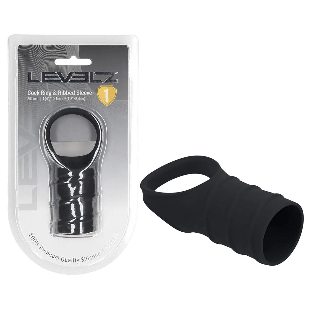 LEVELZ Silicone Cock Ring and Ribbed Sleeve – Body-Safe Silicone Cock Ring with Sleeve Black > Sex Toys For Men > Penis Sleeves