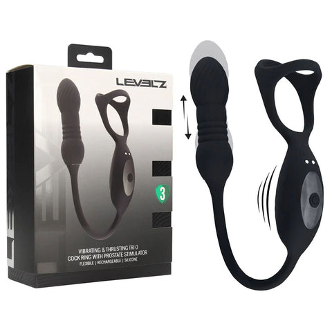 LEVELZ TriO (Black) – USB Rechargeable Vibrating and Thrusting Cock Ring with Prostate Stimulator Black > Anal Range > Prostate Plugs