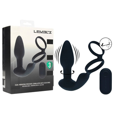 Levelz Dual Vibrating Prostate Stimulator with Cock Ring – USB Rechargeable Vibrating Butt Plug with Cock Ring Black > Anal Range > Prostate Plugs