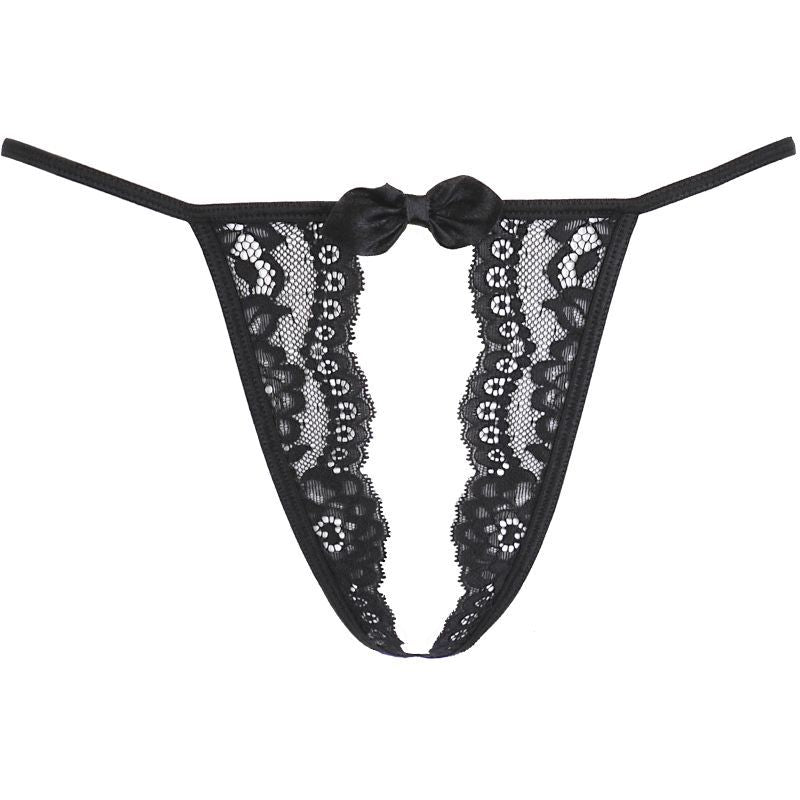 Lace Open Front G-String in Black with Bow Detail Panties