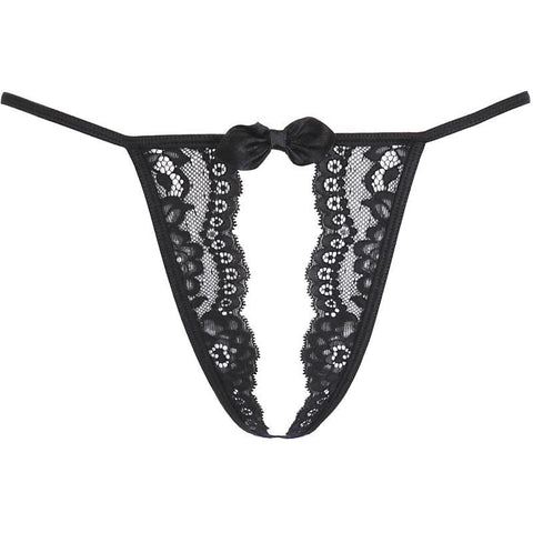 Lace Open Front G-String in Black with Bow Detail Panties