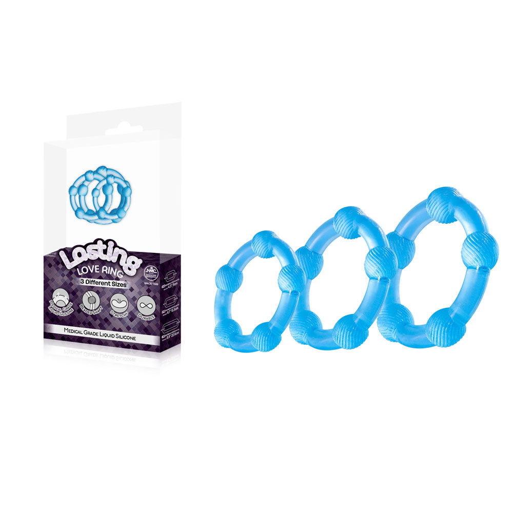 Lasting Love Ring 3 Piece Set - Silicone Cock Rings - Blue Blue COCK RING Set