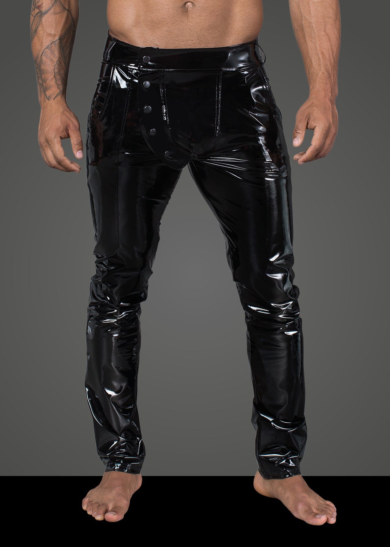 Long Black Elastic PVC Pants with Front Snaps High-Gloss Finish Men’s Pants > Clothes > Mens Latex