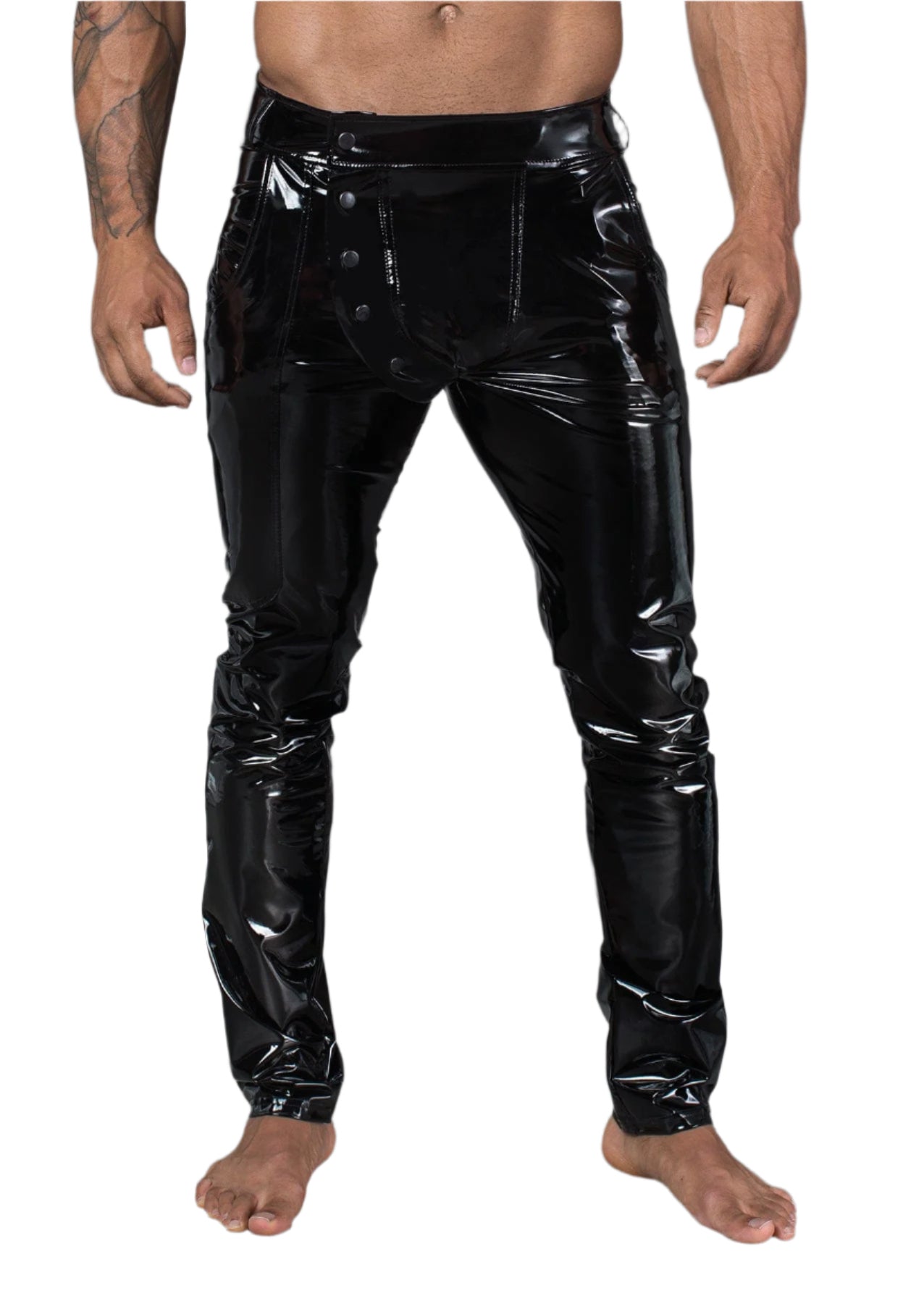 Long Black Elastic PVC Pants for Men with Front Snaps Mens Latex