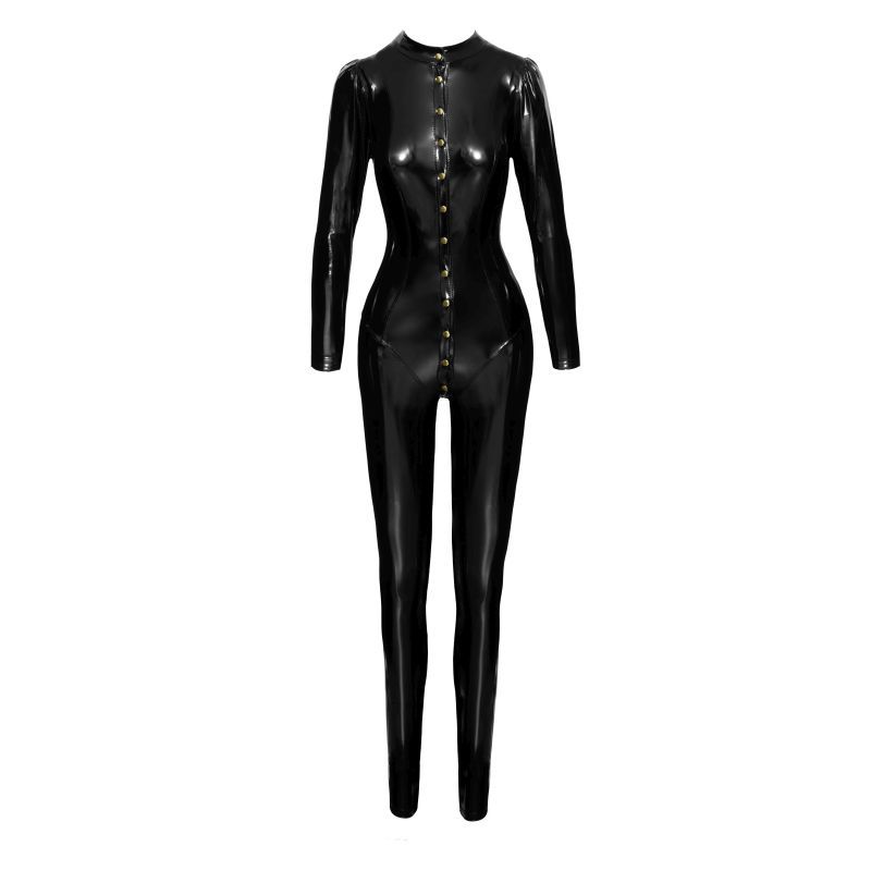 Long Button-Up PVC Overall Lingerie With Curved Seam Design Womens Latex