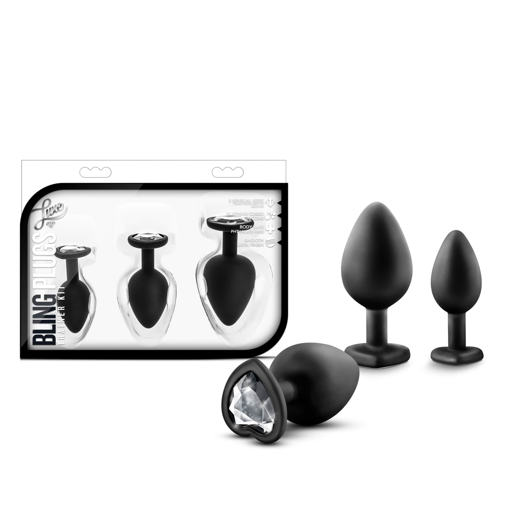 Luxe Bling Plugs Training Kit Black With Clear Gems - 3 Sizes > Anal Range > Butt Plug Kits