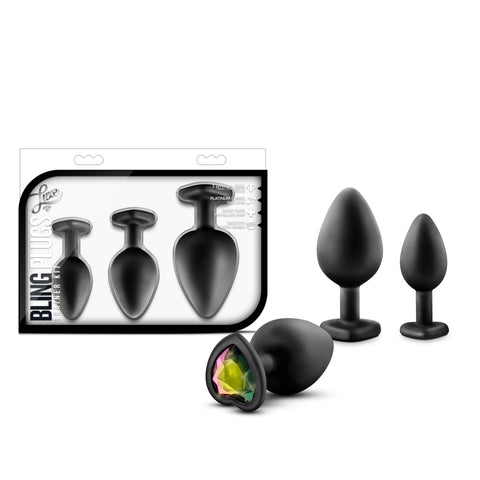 Luxe Bling Plugs Training Kit Black With Rainbow Gems 3 Sizes Black > Anal Range > Butt Plug Kits
