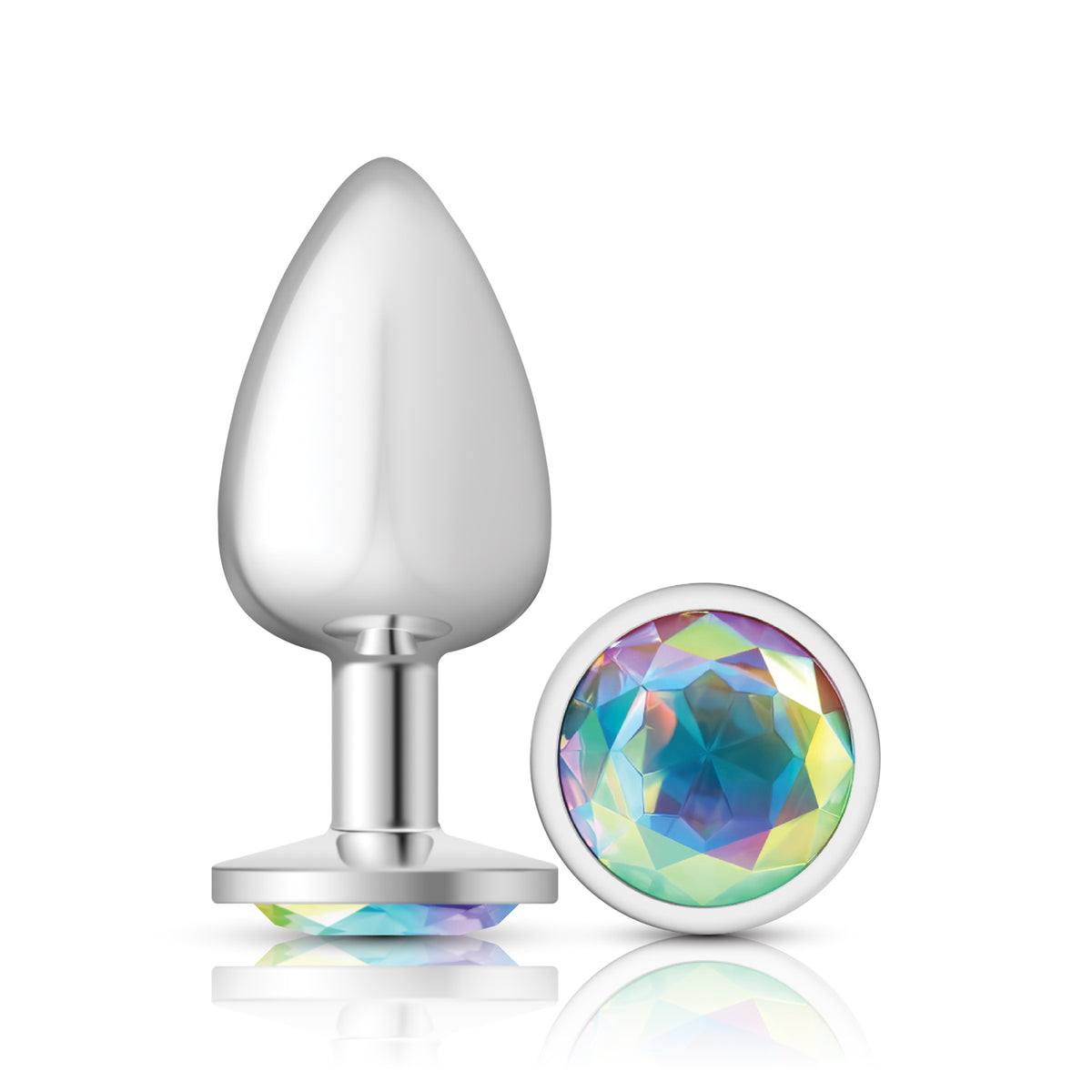 Cheeky Charms Silver Round Butt Plug with Clear Iridescent Jewel Large (9.12cm) > Anal Range > Jewel Butt Plugs