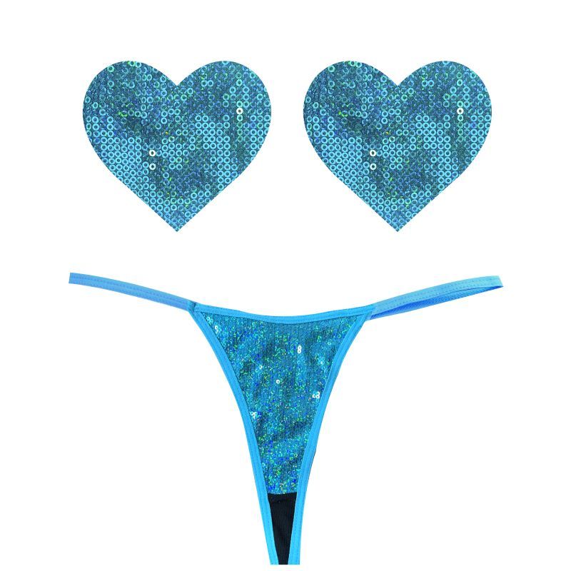 Mahi Mahi Blue Sequin G-String and Heart Pastie Set Secondary image