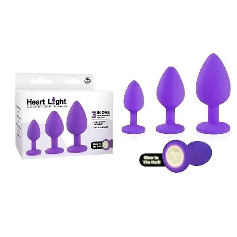 Heart Butt Plugs with Glow in Dark Bases Set of 3 Sizes - Butt Plugs