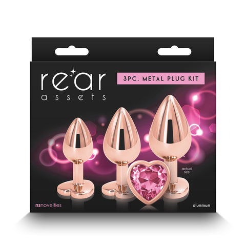 Rear Assets Trainer Kit - 3 Metallic Butt Plugs with Pink Hearts Rose Gold > Anal Range > Butt Plug Kits